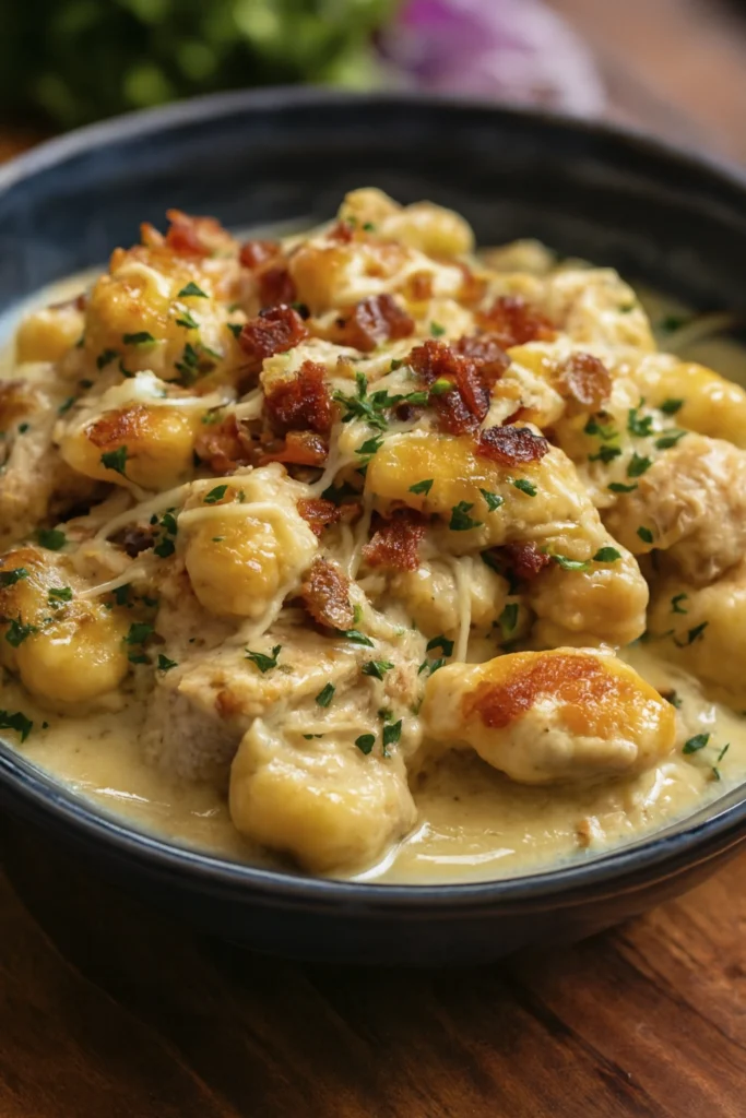 Macro shot of creamy chicken gnocchi with crispy bacon, parmesan cheddar sauce, and fresh parsley in a dark ceramic bowl on rustic wood