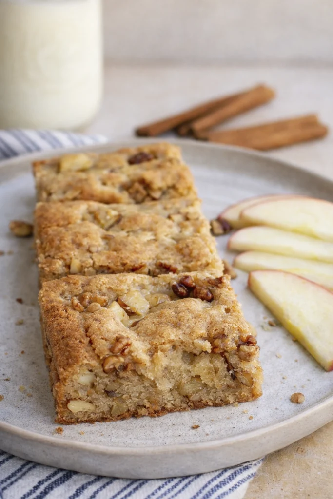 Apple brownies with apples and pecans on a plate, styled with apple slices, cinnamon sticks, and milk.