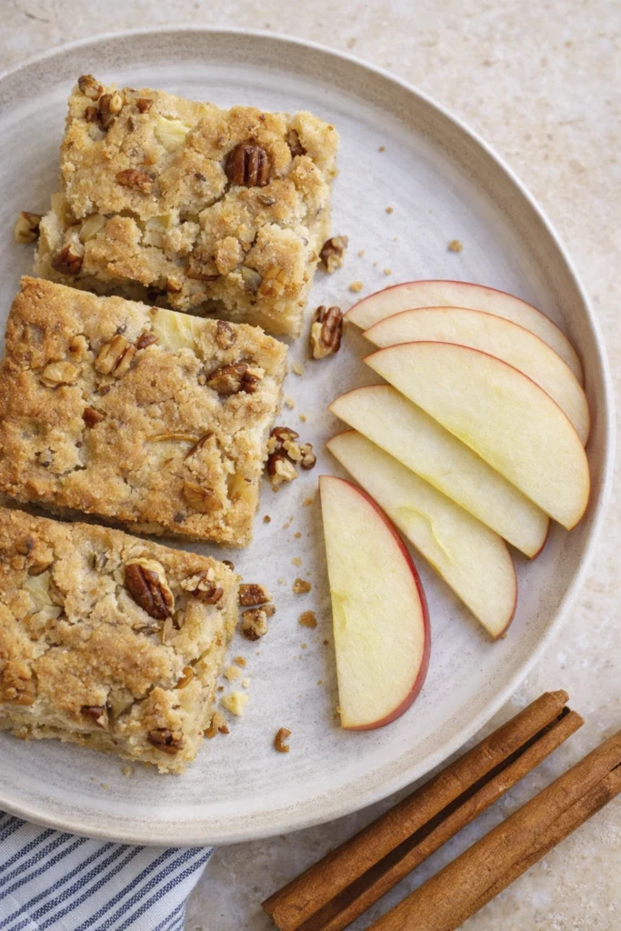 Apple brownies cut into squares with golden crust and moist interior, arranged on a dark tray.