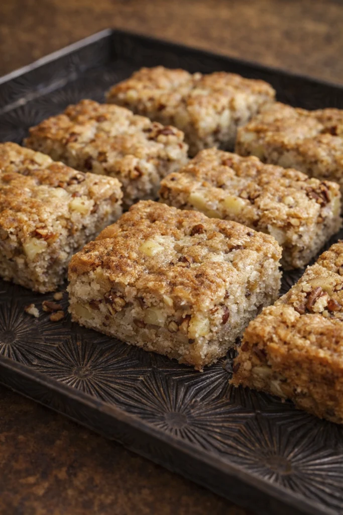 Apple brownies cut into square blondie bars with golden crust and moist apple-pecan interior, displayed on a dark patterned tray for rustic presentation.