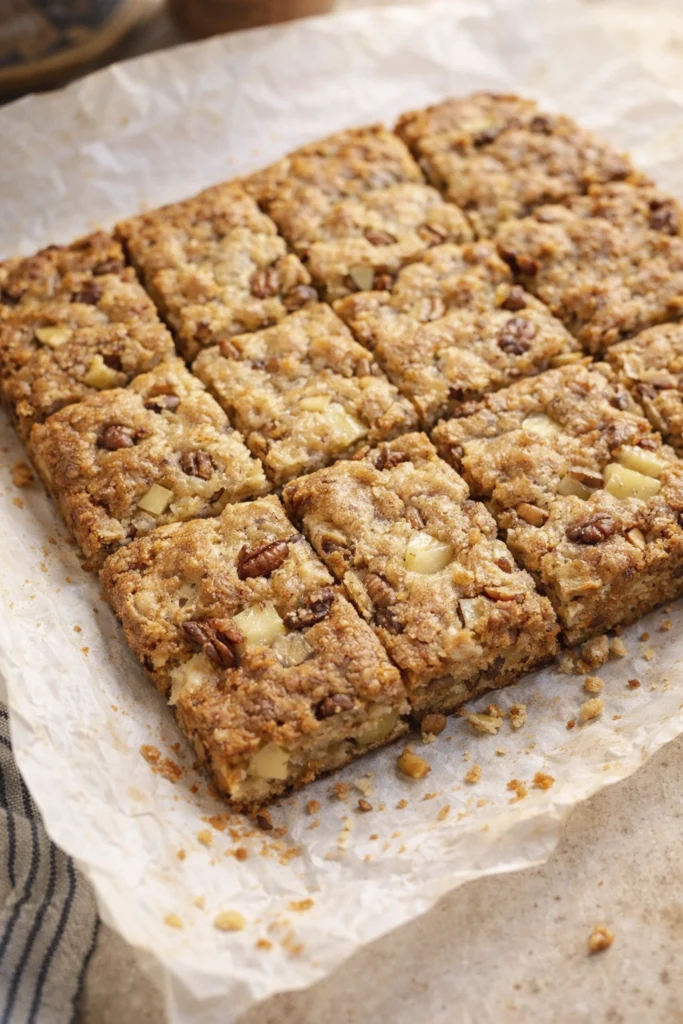 Apple brownies cut into squares with golden crust, apple chunks, and pecans on parchment paper.