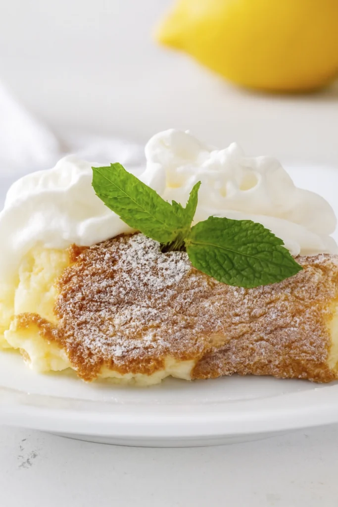 Lemon Thumbprint Cookies styled as a lemon pudding cake slice with powdered sugar, whipped cream, and mint garnish