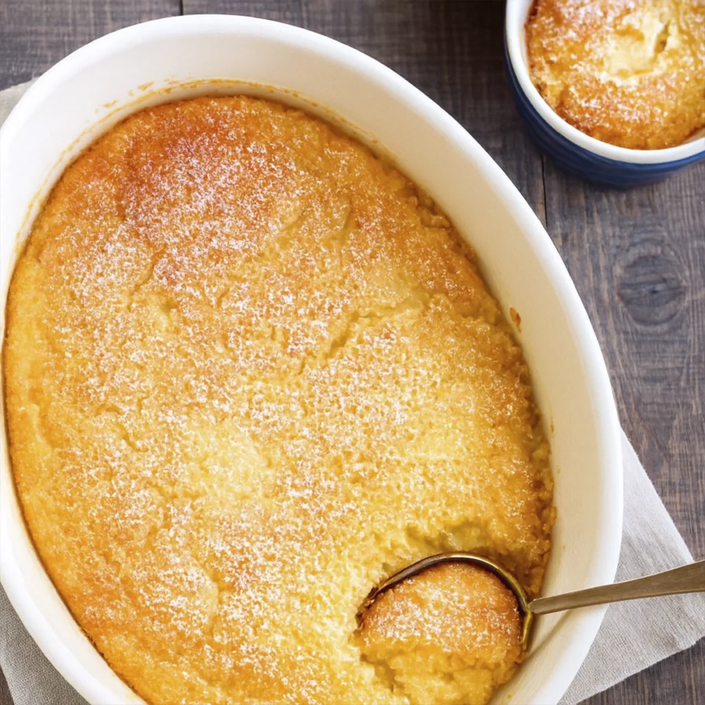 Golden lemon pudding cake dusted with powdered sugar in a white baking dish