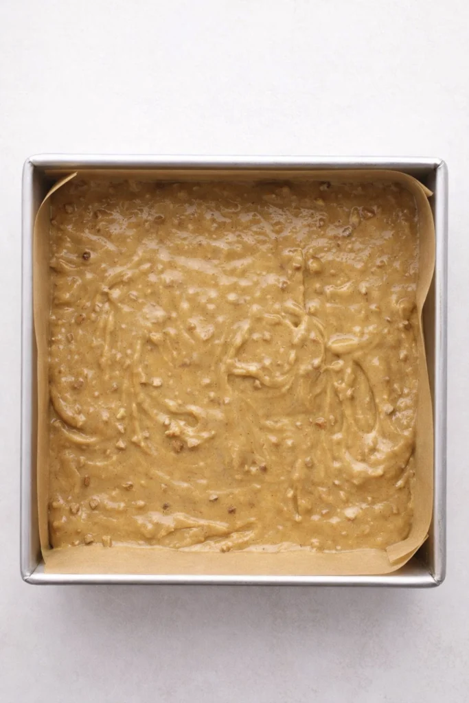 Square baking pan lined with parchment, filled with banana bread batter containing nuts.