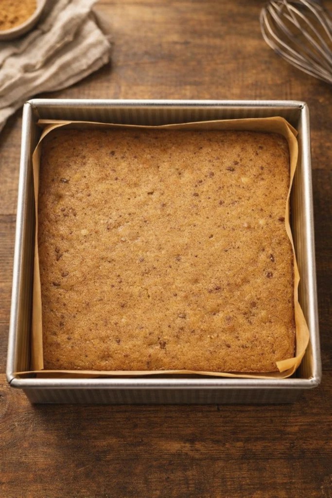 Golden-brown square cake baked in parchment-lined pan with rustic background.