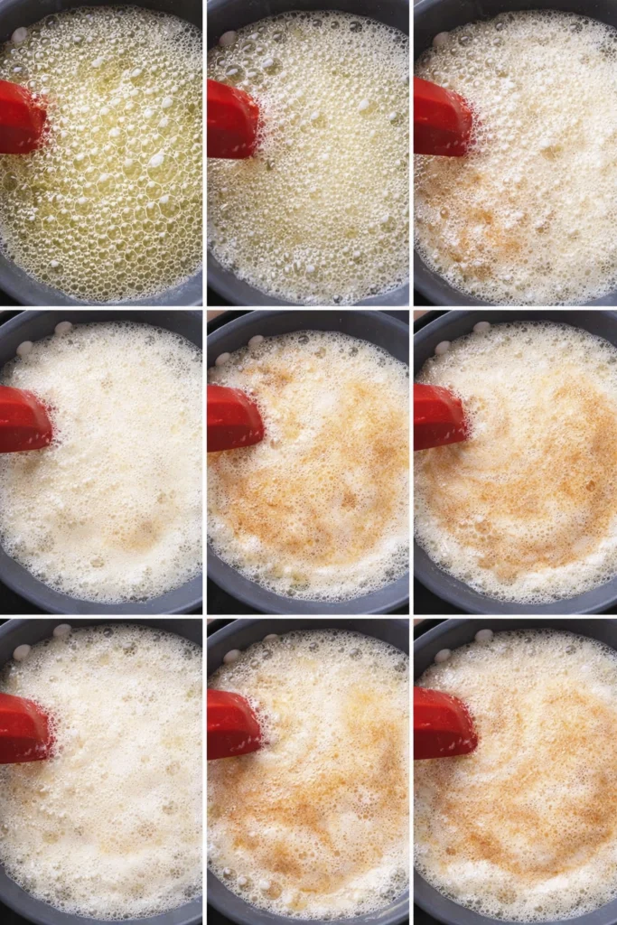 Nine-step sequence of butter browning in a pan with red spatula stirring.