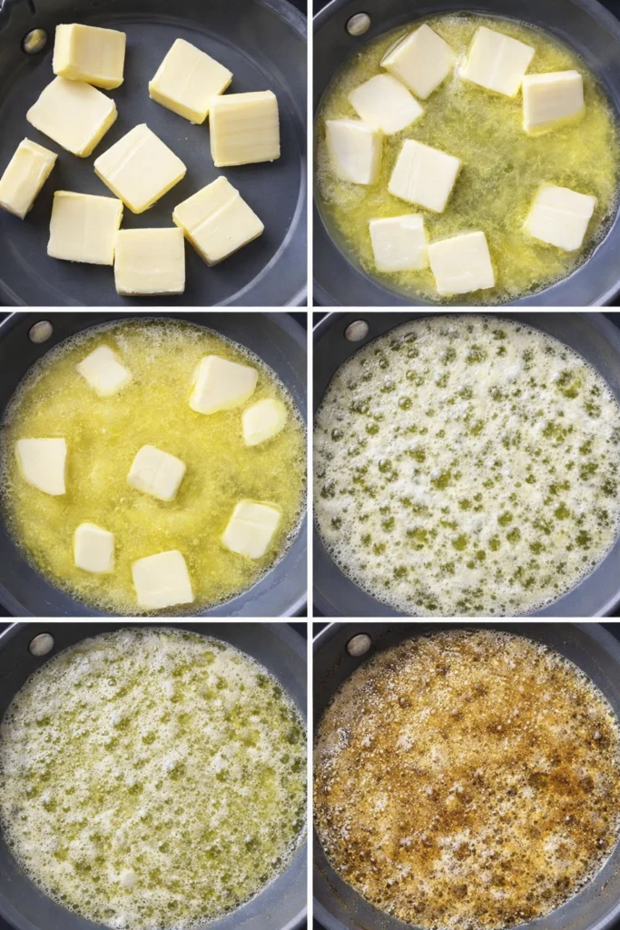 Six-step sequence showing butter melting and browning in a non-stick pan.