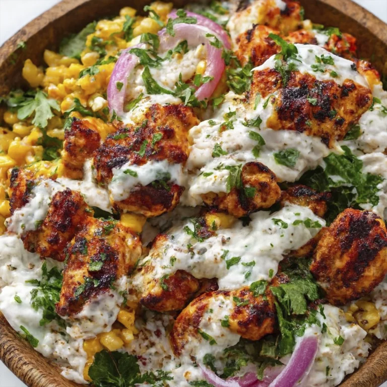Grilled seasoned chicken with charred edges topped with creamy white sauce and fresh cilantro, served over white rice with grilled corn and red onion slices in a rustic wooden bowl, flatbread in background.