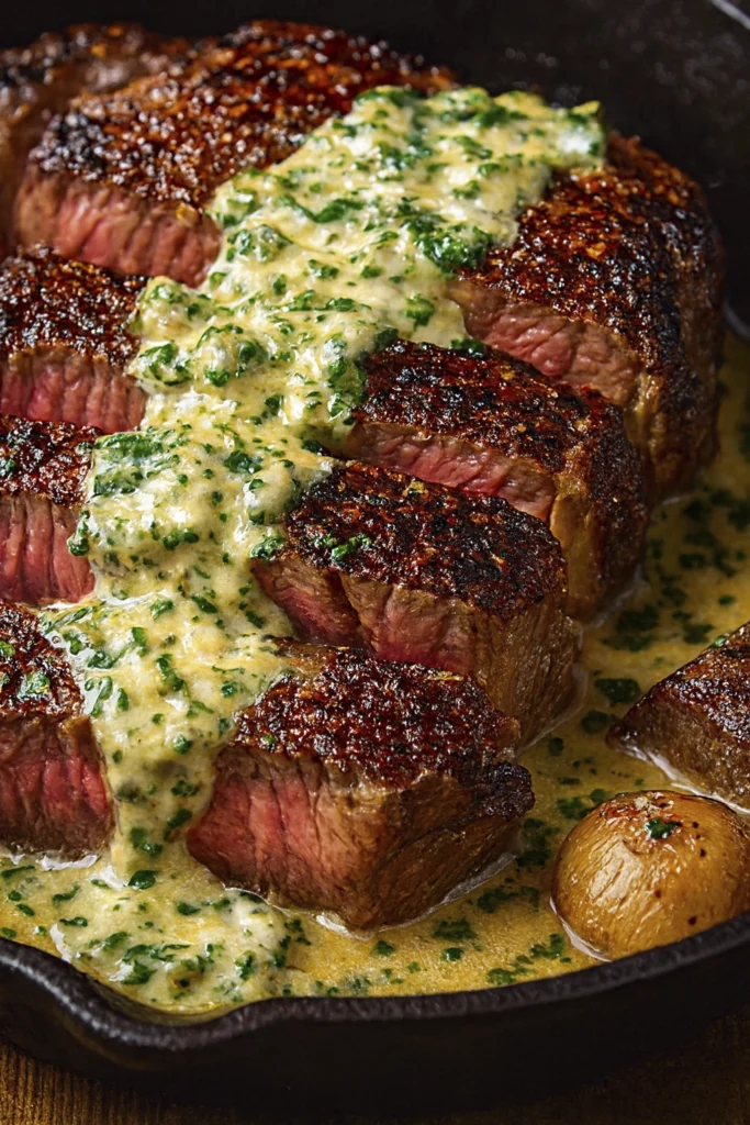 Overhead view of sliced garlic butter steak in cast iron skillet with creamy sauce and parsley garnish