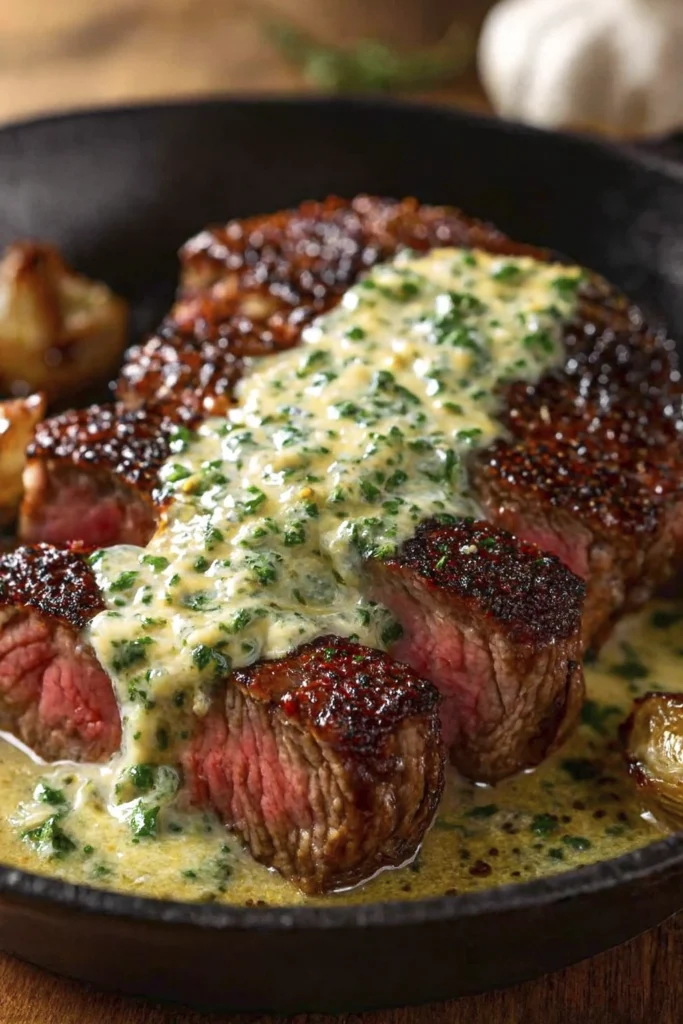 Macro close-up of garlic butter steak with crispy seared edges and creamy herb sauce in cast iron skillet
