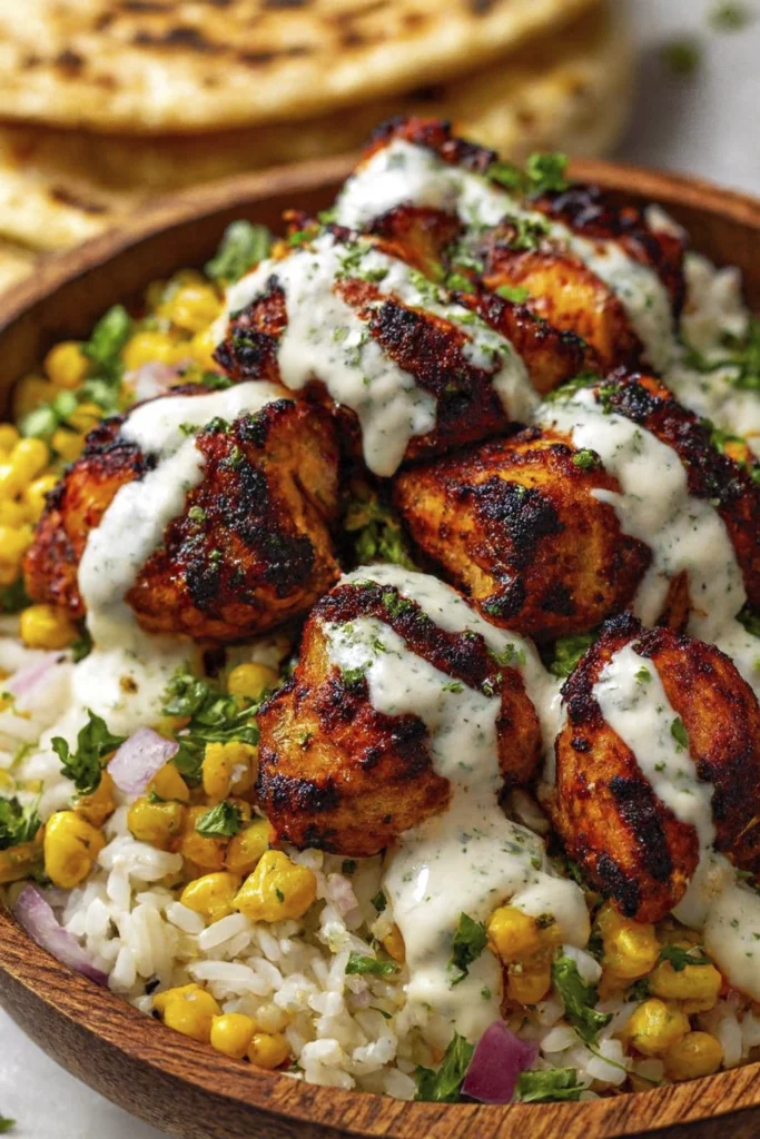 Grilled chicken pieces with charred edges and creamy drizzle over rice, corn, and red onions in a wooden bowl, flatbread in background.