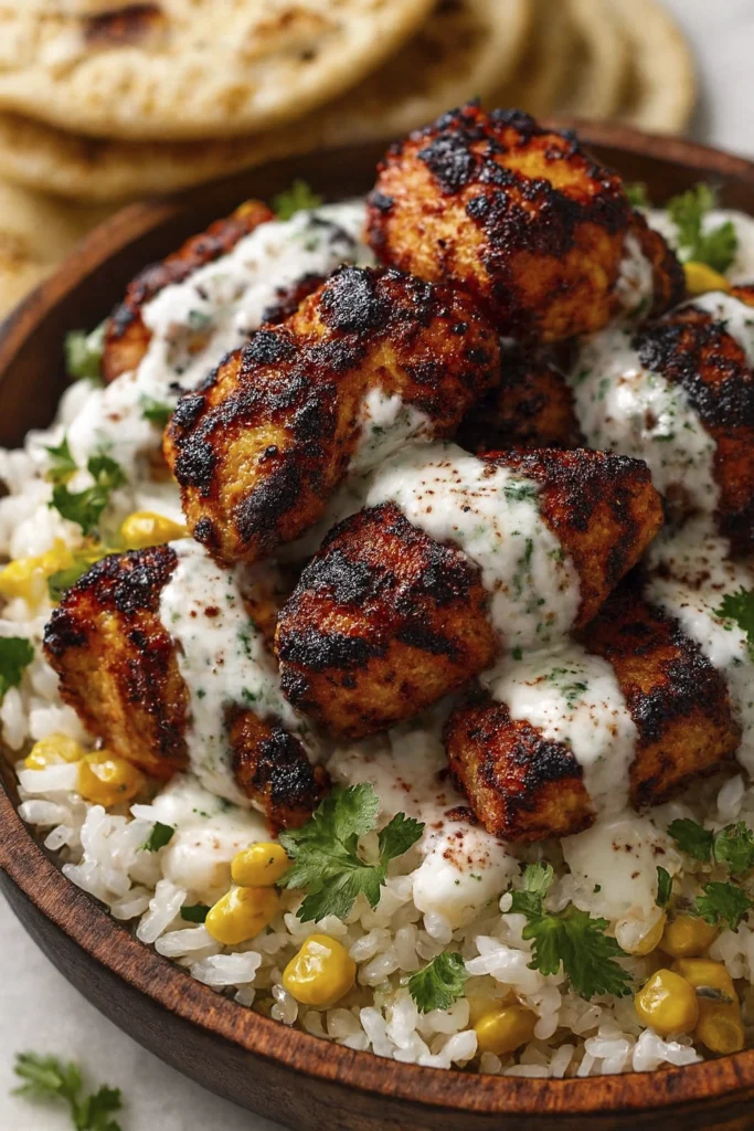 Charred grilled chicken with creamy sauce on rice, corn, and red onions in a rustic bowl, garnished with cilantro and flatbread nearby.