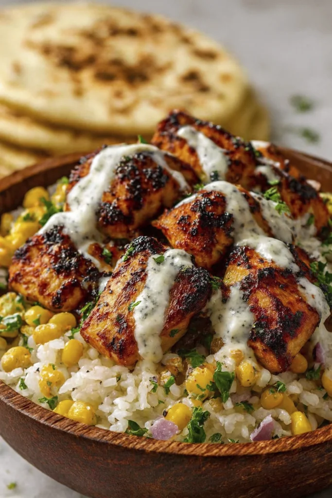 Close-up of grilled spiced chicken with creamy yogurt sauce over rice, corn, and red onions in a rustic wooden bowl with flatbread in the background.