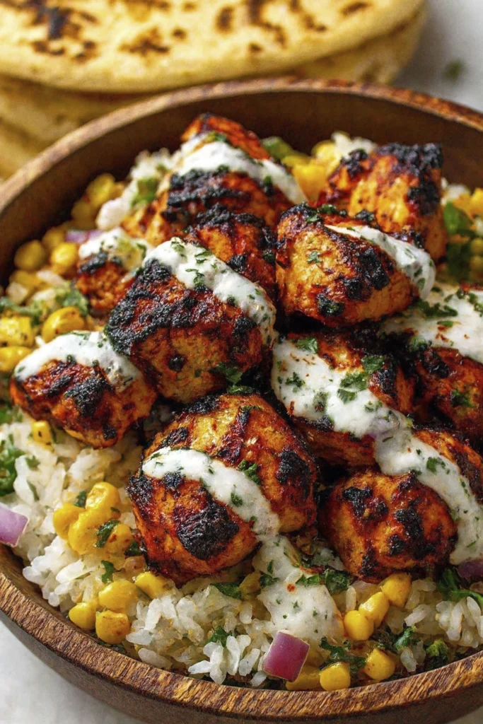 Spiced grilled chicken chunks with ranch drizzle served over white rice, corn, and onions in a wooden bowl, flatbread in background.
