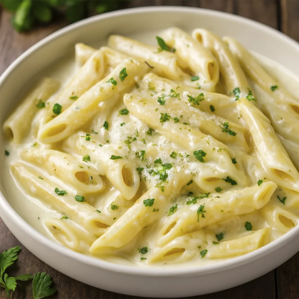 Overhead shot of Creamy Garlic Pasta served on a blue floral porcelain plate, garnished with fresh parsley on a rustic wooden table.
