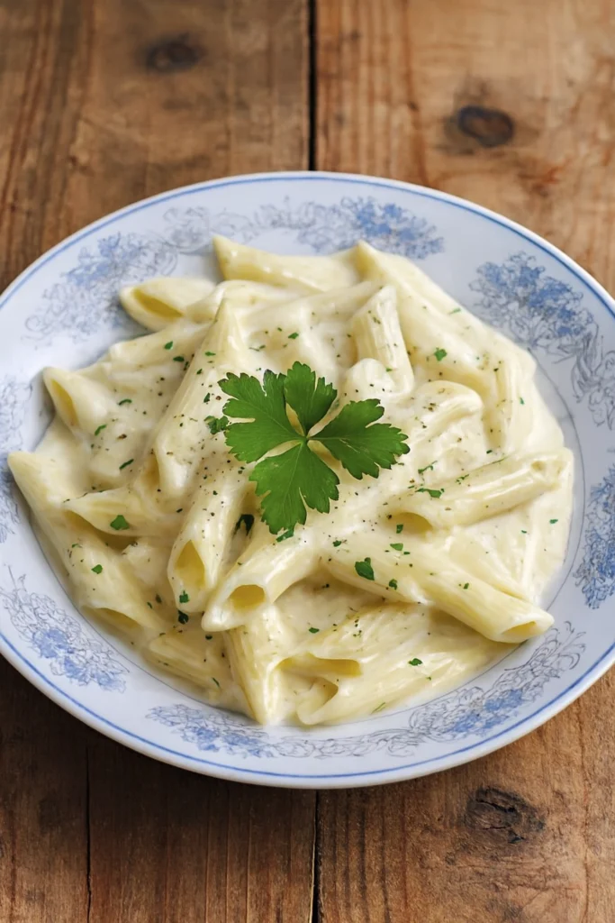 Creamy garlic pasta in Alfredo sauce photographed at a 45-degree angle on a decorative plate with parsley garnish.