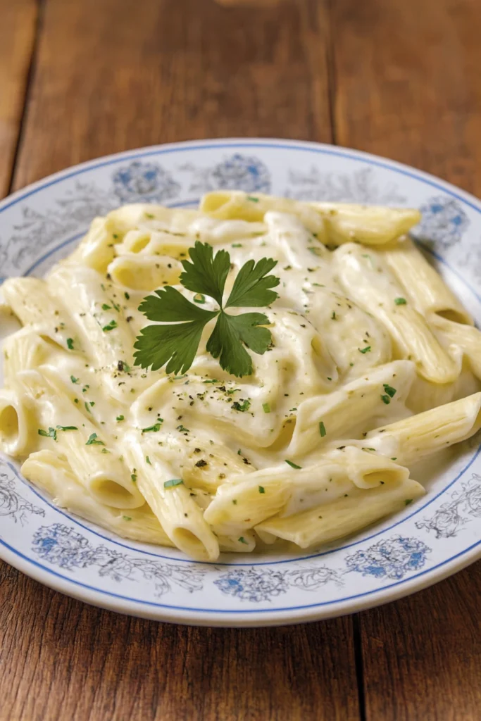 Side profile of creamy garlic pasta served on a blue-patterned porcelain plate with parsley garnish.