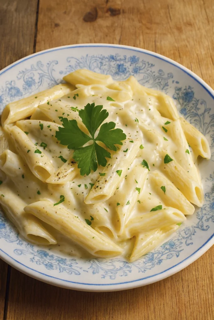 Creamy garlic pasta served in a white bowl, topped with grated cheese and fresh parsley on a rustic wooden table.