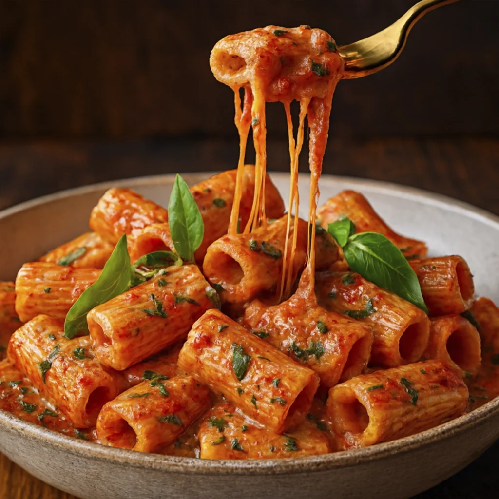 Creamy Tomato Garlic Pasta with melted cheese strands lifted by a fork, garnished with fresh basil in a rustic bowl.