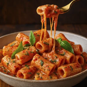 Creamy Tomato Garlic Pasta with melted cheese strands lifted by a fork, garnished with fresh basil in a rustic bowl.
