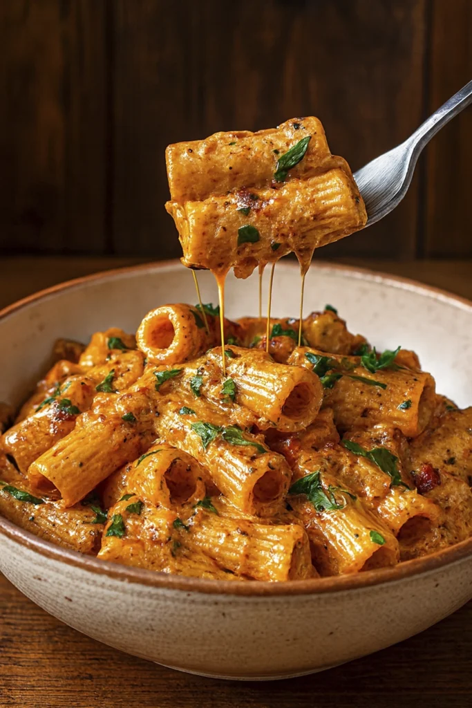 Creamy Tomato Garlic Pasta in a rustic bowl, viewed from above, with melted cheese strands and fresh herbs on a wooden background.