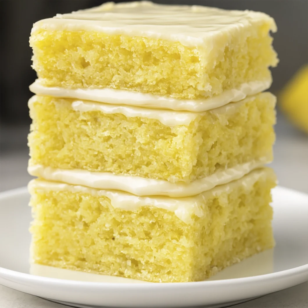 Close-up of three stacked lemon dessert bars with glossy glaze on a white plate, showcasing moist texture and bright kitchen lighting.