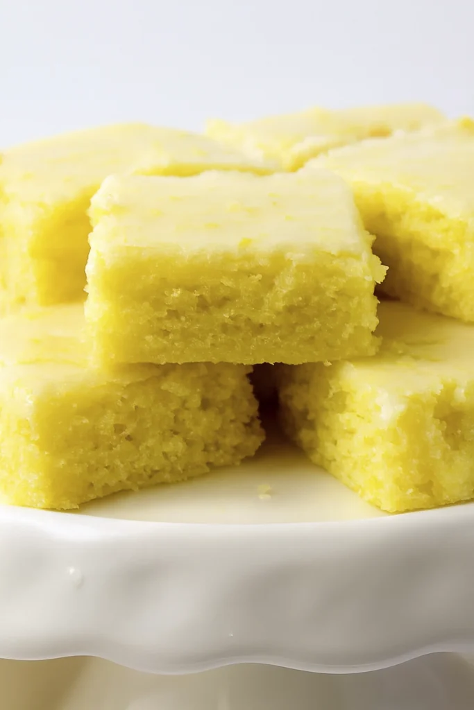Close-up of moist lemon bars with glossy glaze stacked on a white ceramic cake stand in natural daylight.