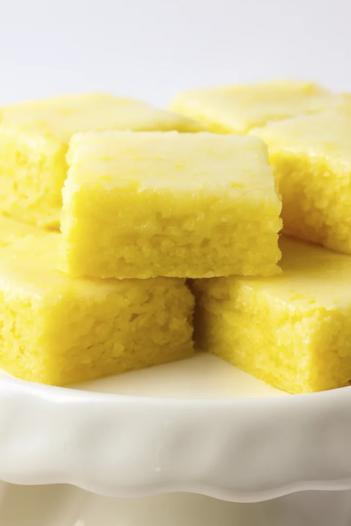 Stacked lemon bars with smooth lemon glaze and visible crumb texture on a white pedestal stand.