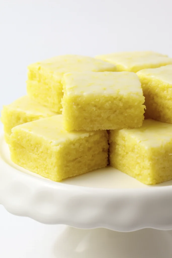 Square lemon bars with glossy glaze and sharp edges on a scalloped white cake stand.