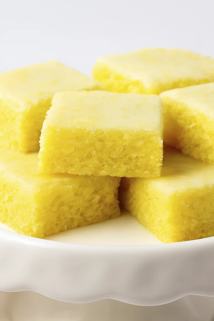 Rustic lemon bars dusted with powdered sugar in a wooden tray under natural daylight.