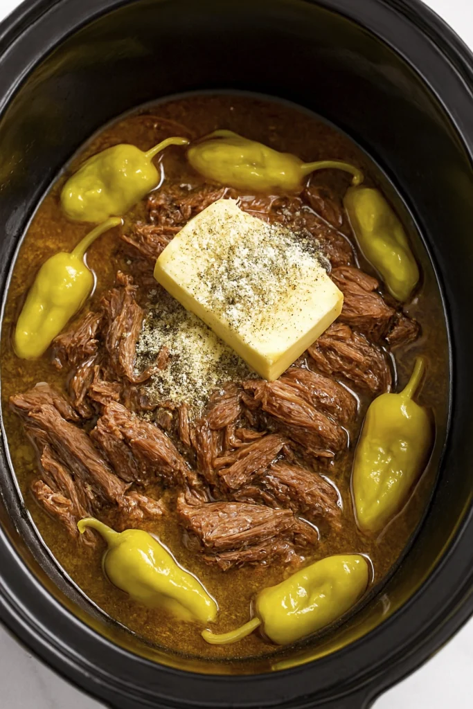 Slow cooker Mississippi pot roast with shredded beef, butter, ranch seasoning, and whole peperoncini peppers in rich brown gravy