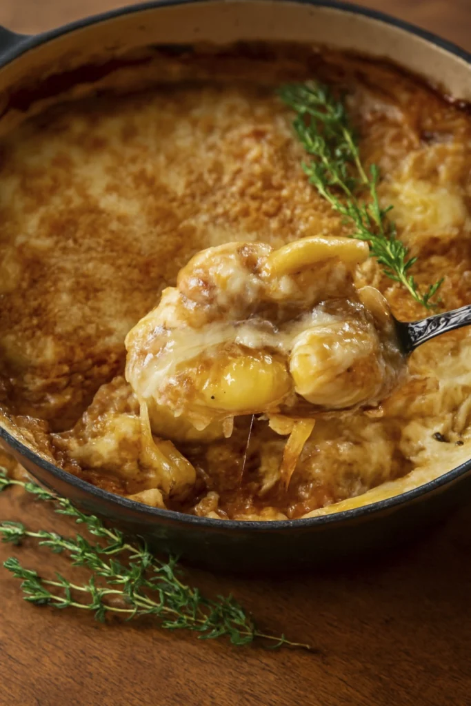 Alternate angle of scalloped potatoes baked in creamy cheese sauce with golden crust, spoon lifting serving to reveal layers, thyme garnish — hearty dish similar to French Onion Gnocchi Soup.