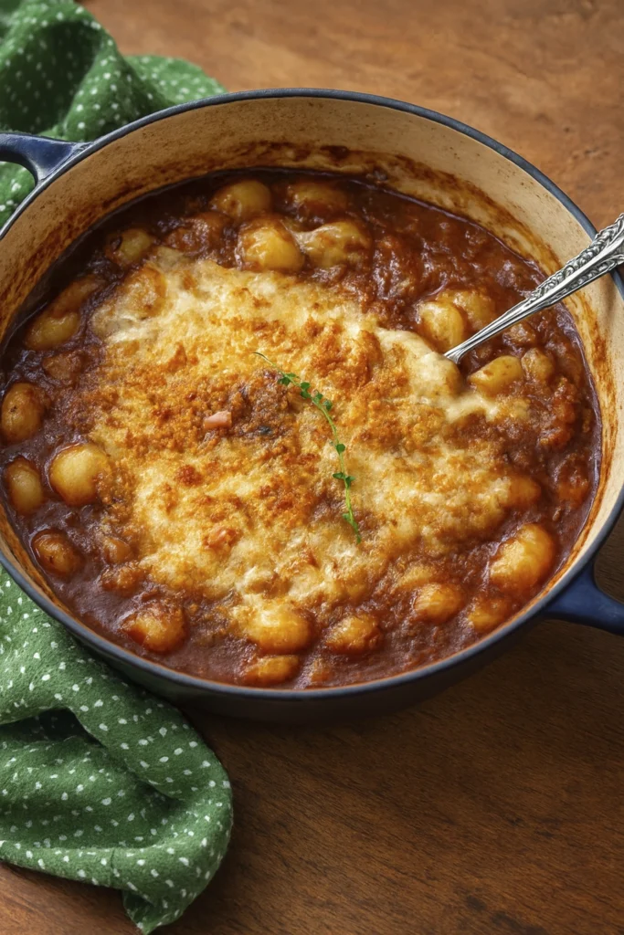 Close-up of spoon lifting creamy scalloped potatoes layered in cheesy sauce with golden-brown crust, rustic baking dish presentation, thyme garnish — comfort food styled like French Onion Gnocchi Soup.