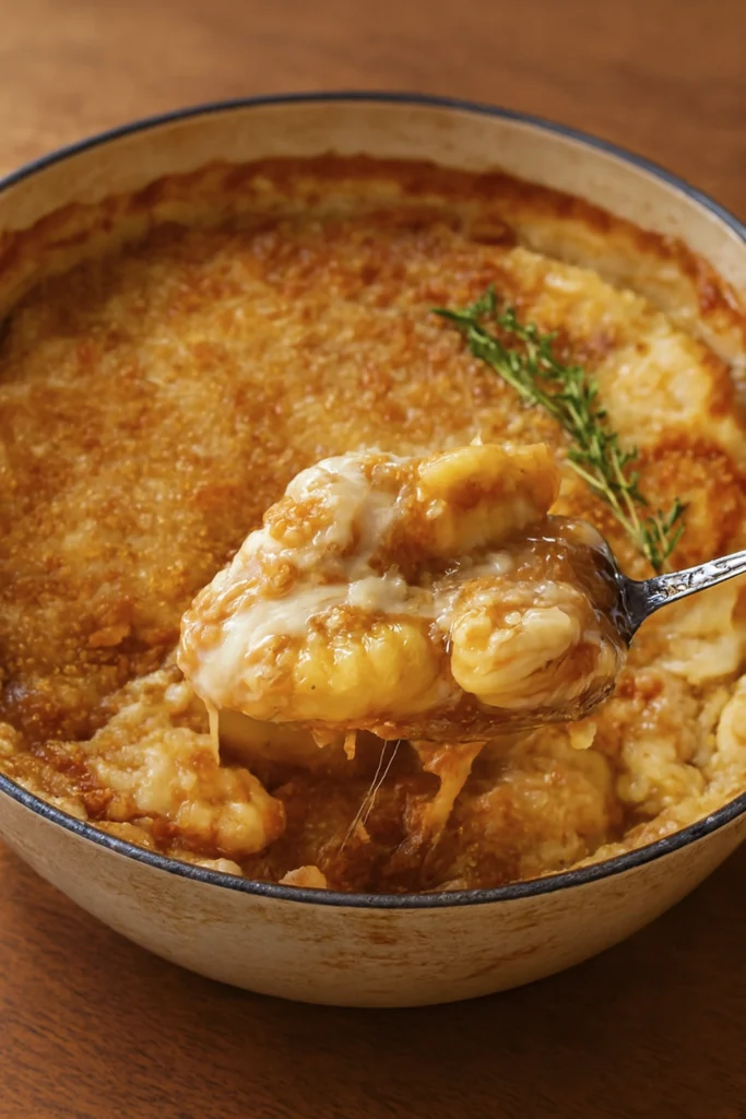 Close-up of spoon lifting creamy scalloped potatoes with melted cheese and golden crust from a rustic baking dish, garnished with fresh thyme — comfort food similar to French Onion Gnocchi Soup.