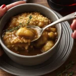 French onion gnocchi gratin in a rustic bowl with golden breadcrumb crust, creamy onion sauce, fresh thyme garnish, and a spoon lifting gnocchi beside a glass of red wine.