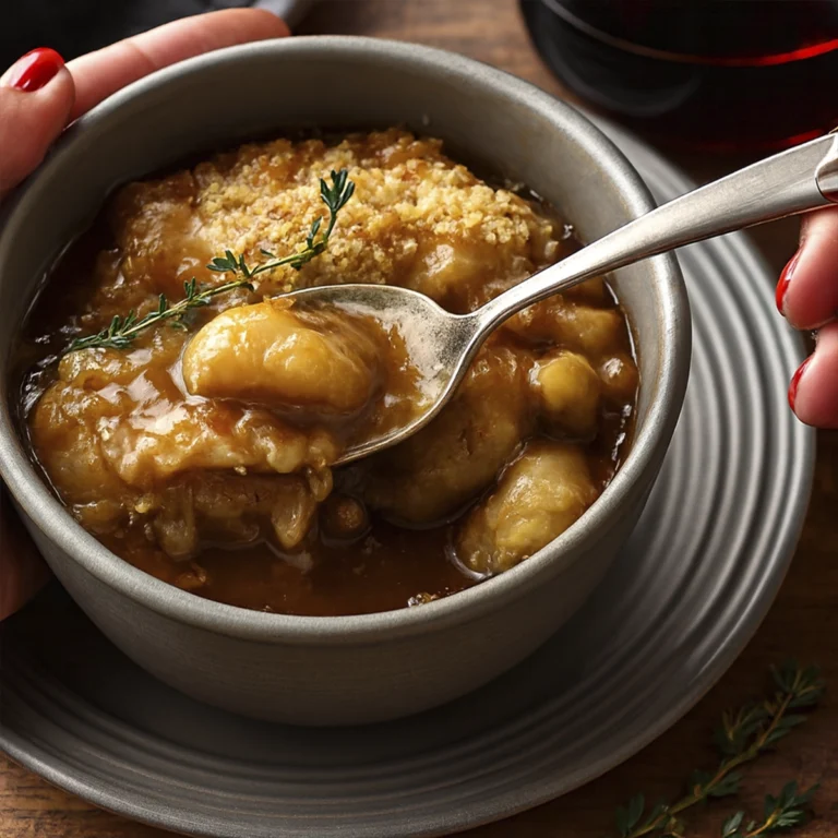 French onion gnocchi gratin in a rustic bowl with golden breadcrumb crust, creamy onion sauce, fresh thyme garnish, and a spoon lifting gnocchi beside a glass of red wine.