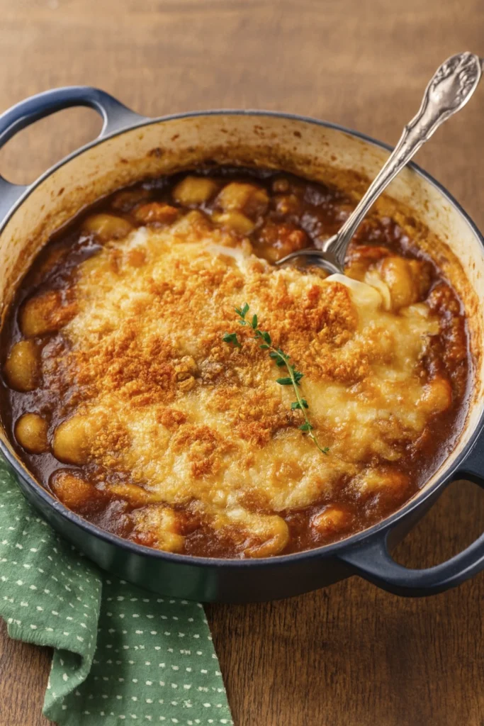 Alternate angle of scalloped potatoes in creamy cheese sauce with golden crust, spoon lifting a serving, garnished with thyme in rustic cast iron dish — visually similar to French Onion Gnocchi Soup.