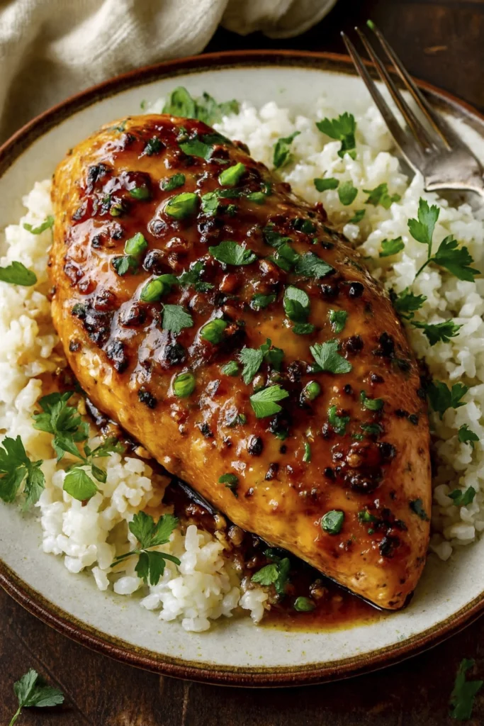 Side angle of 9Honey Garlic Chicken Breasts on white rice, glazed with sweet-savory sauce and garnished with parsley and green onions.