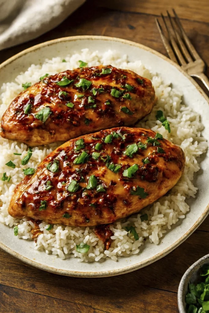 Sliced 9Honey Garlic Chicken Breasts revealing juicy interior, glazed with sauce and served on white rice with parsley and green onions.