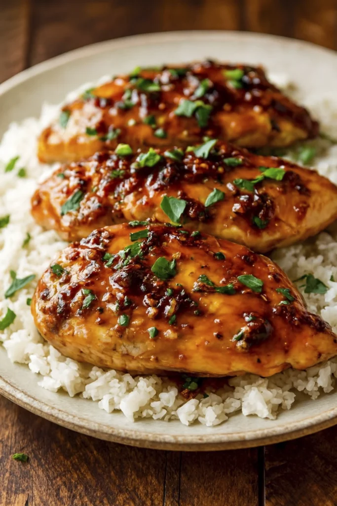 9Honey Garlic Chicken Breasts served over fluffy white rice on a rustic wooden table, glazed with sweet and savory sauce and garnished with parsley and green onions.