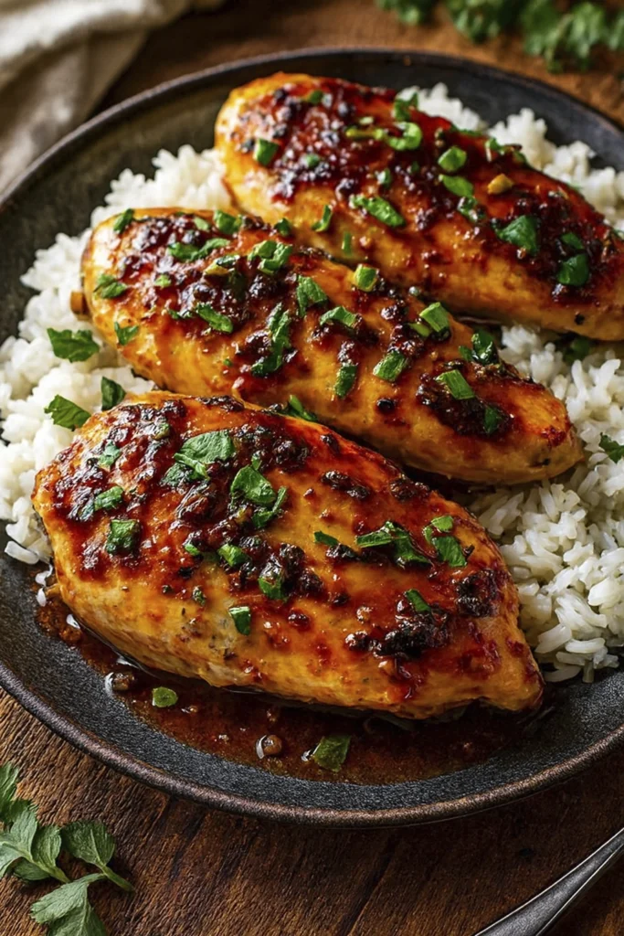 Close-up of 9Honey Garlic Chicken Breasts plated on a ceramic dish with white rice, topped with green onions and parsley.