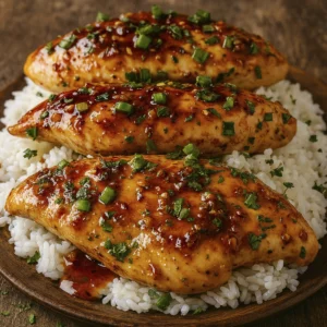 9Honey Garlic Chicken Breasts glazed with sweet and savory sauce, garnished with parsley and green onions, served over fluffy white rice on a ceramic plate.