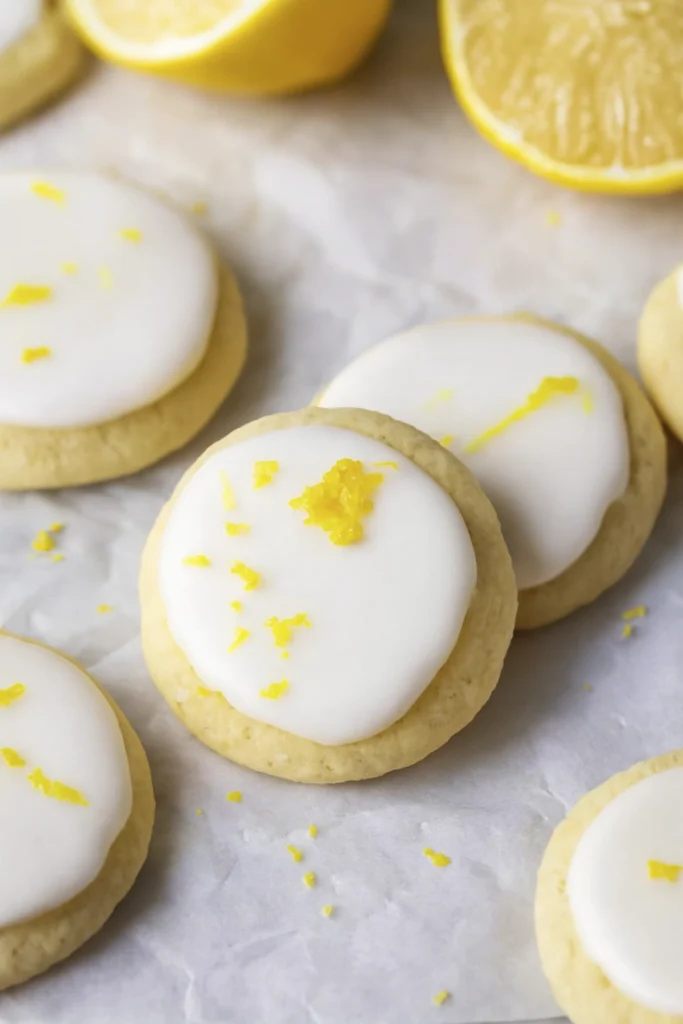 Stack of three lemon meltaway cookies with white icing and lemon zest, one bitten to show soft crumbly texture, styled on white surface with citrus background.