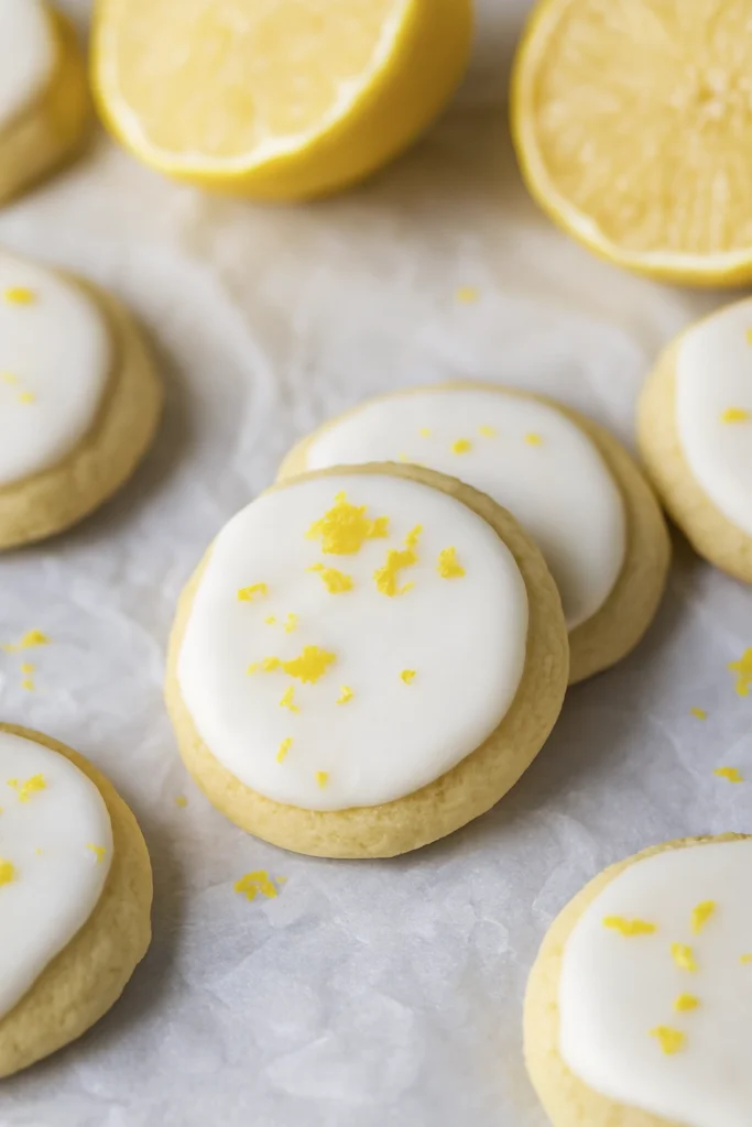 Lemon Meltaway Cookies stored in airtight container with parchment paper