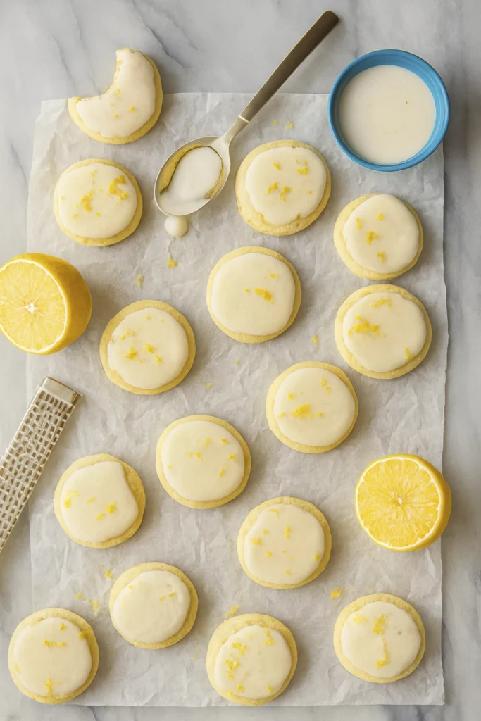 Thick lemon cookie with glossy icing and lemon zest on vintage floral plate