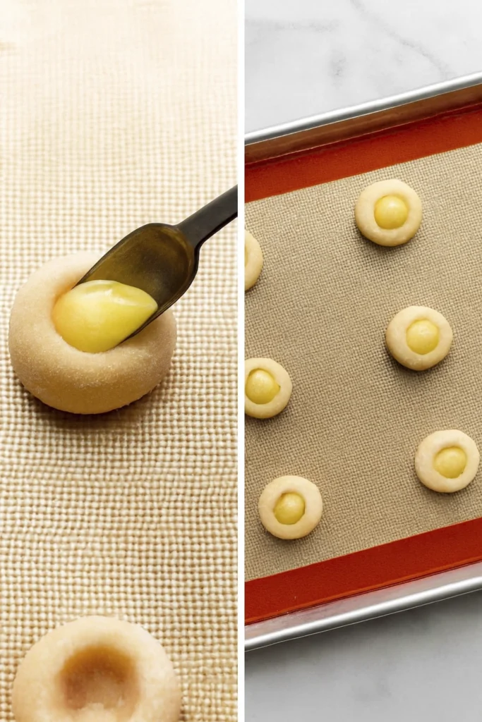 Spoon filling lemon thumbprint cookies with lemon curd on baking tray