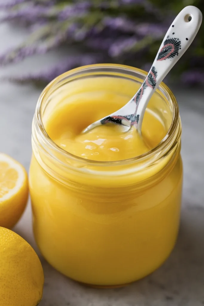Homemade lemon curd in glass jar with spoon and fresh lemons