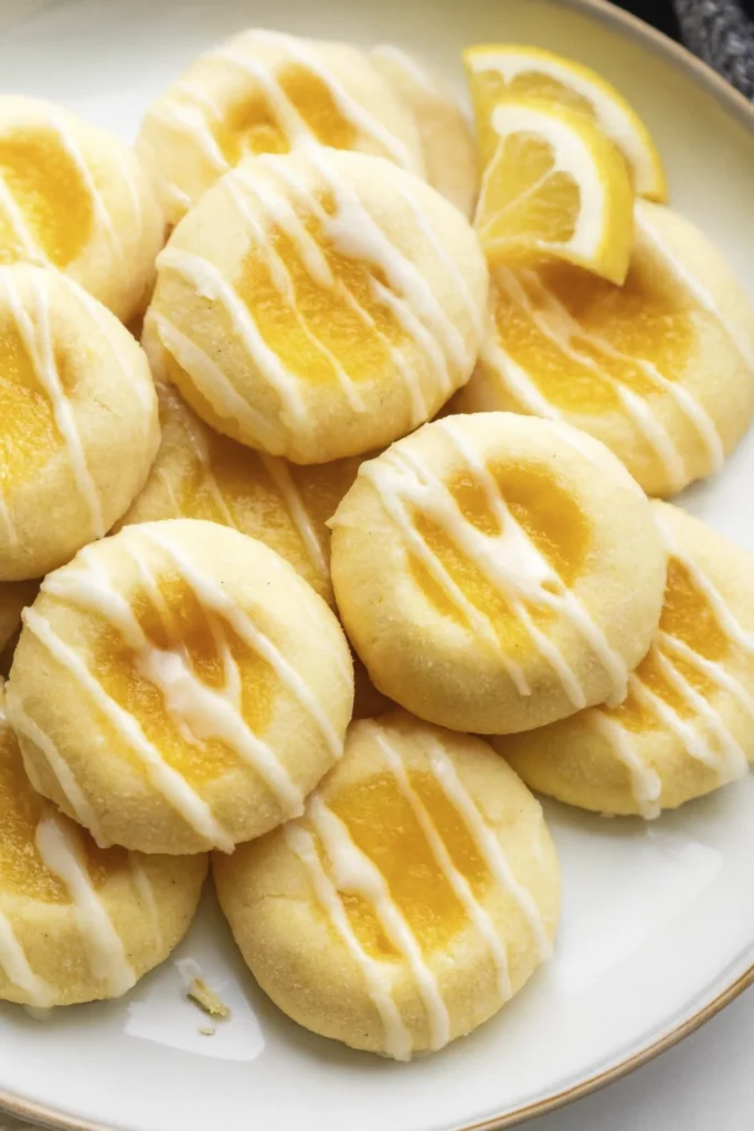 Plate of lemon thumbprint cookies with lemon curd filling and icing drizzle
