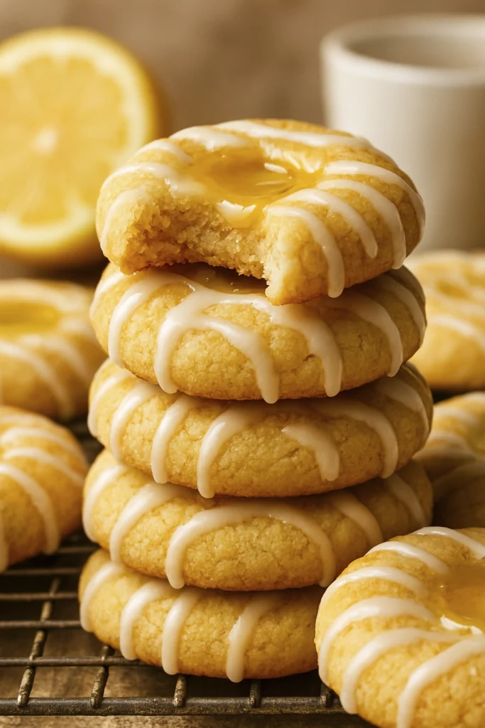 Stack of lemon thumbprint cookies with lemon curd filling and icing drizzle