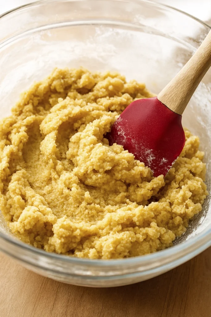 Lemon thumbprint cookie dough mixture in glass bowl with spatula